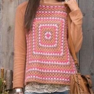 Sundance Granny Square Crochet Merino Wool Blend Open Knit Sweater Size Small